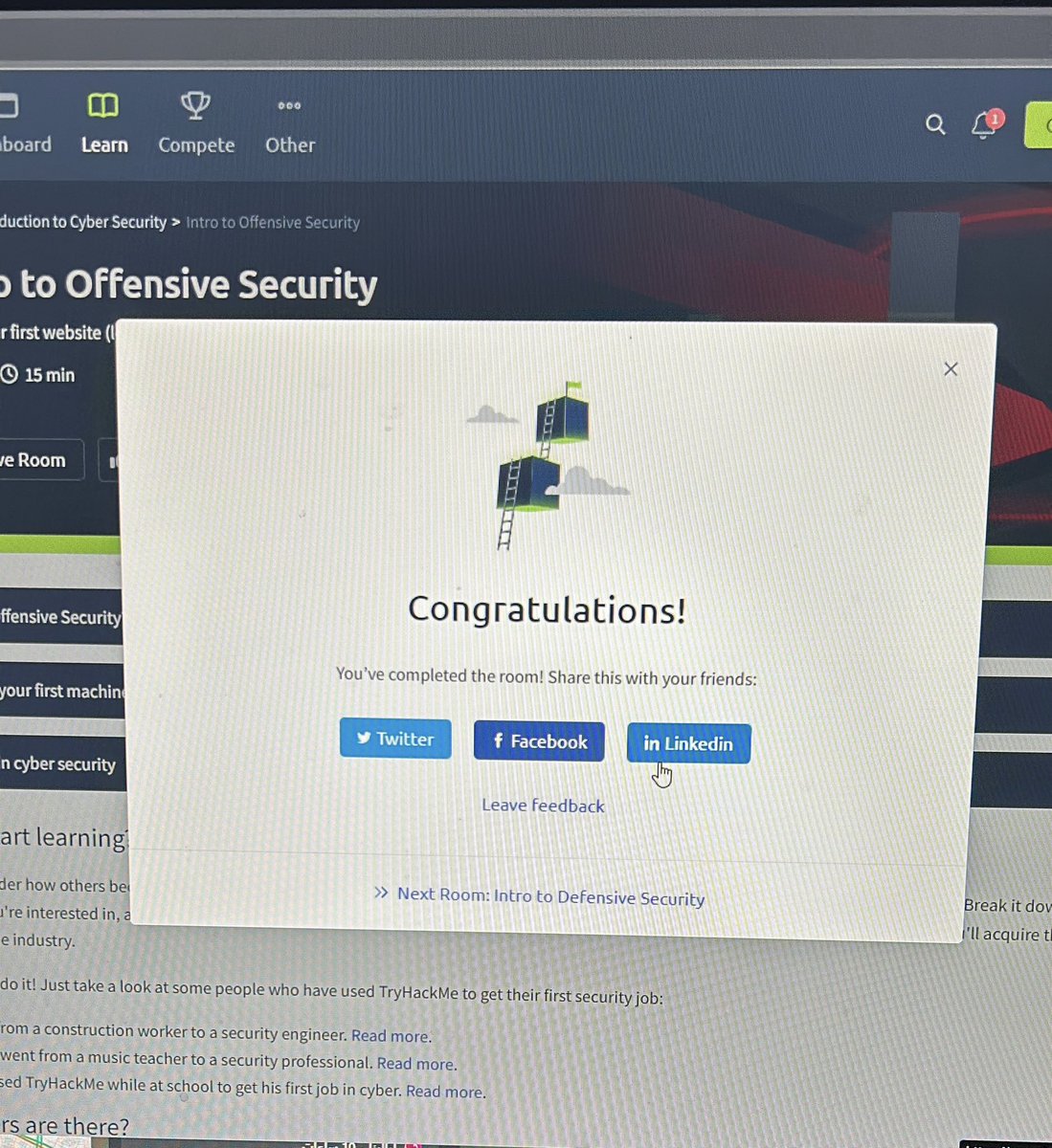 Accomplishment of the Day ✔️

Finished the Intro to Offensive Security room on @RealTryHackMe 

This room covered:

• What is Offensive Security?
• Hacking your first machine
•Careers in cyber security
الحمدلله ✨
#tryhackme #realtryhackme