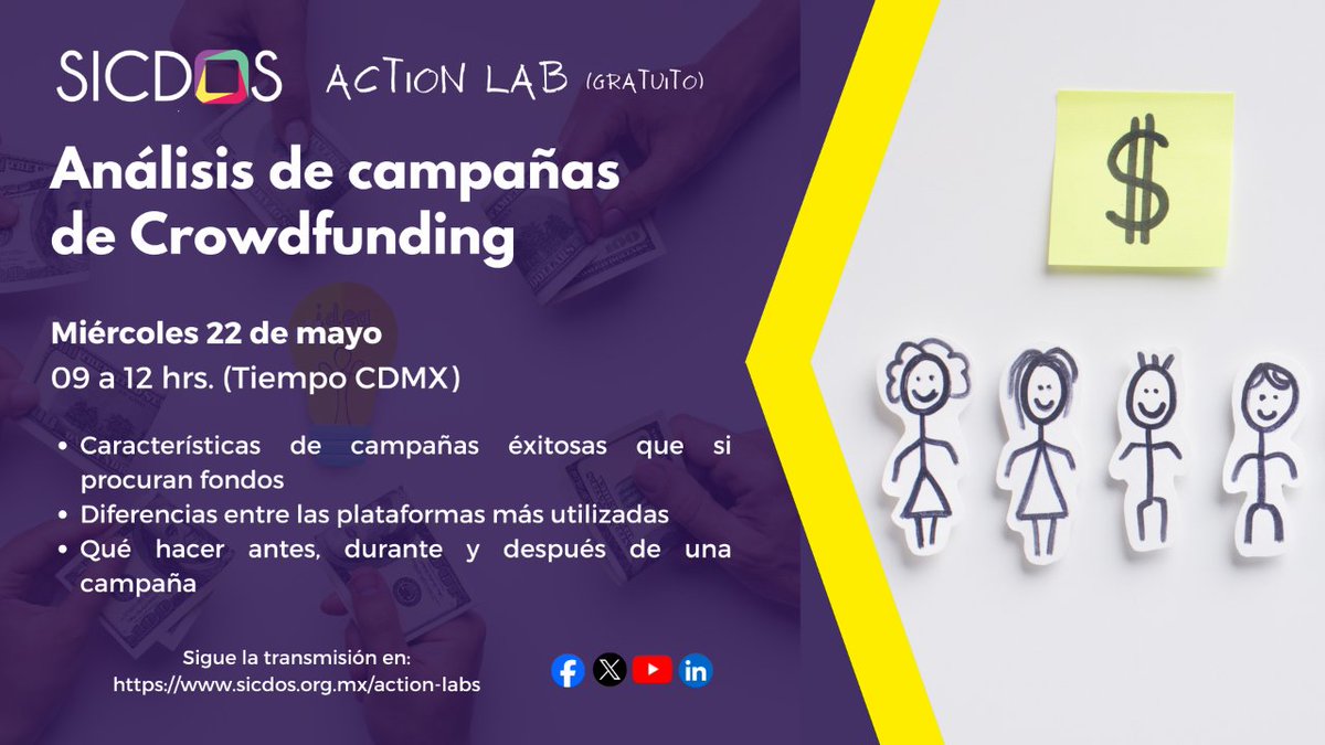 SICDOS's tweet image. ✅Conoce qué hacer antes, durante y después de una campaña de #crowdfunding, las características de las #campañas éxitosas que si procuran fondos y las diferencias entre las plataformas más utilizadas en #México.

✅Sigue la transmisión: sicdos.org.mx/action-labs