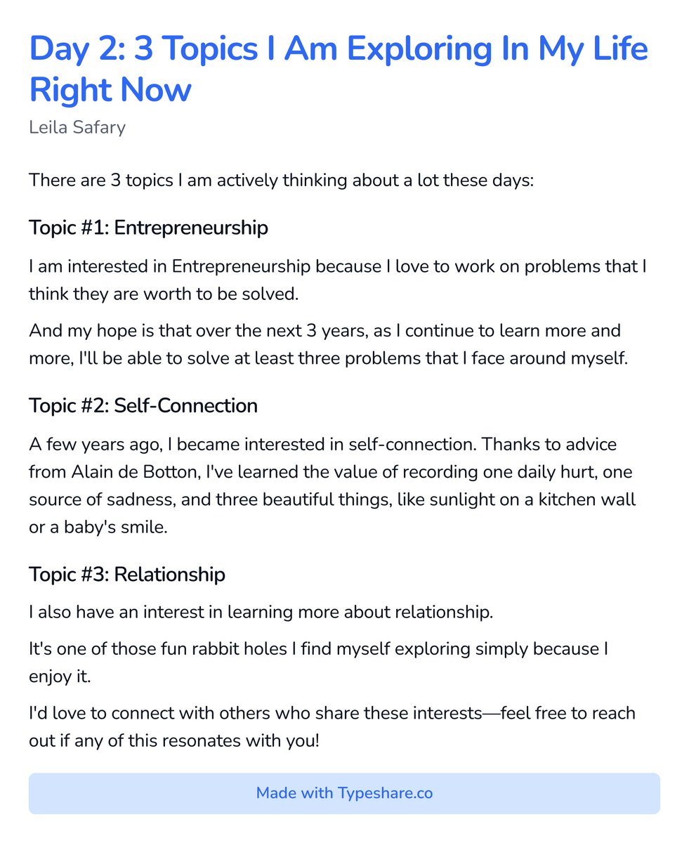 Day 2: 3 Topics I Am Exploring In My Life Right Now!

#Entrepreneur#Business#Mindfulness#ship30for30