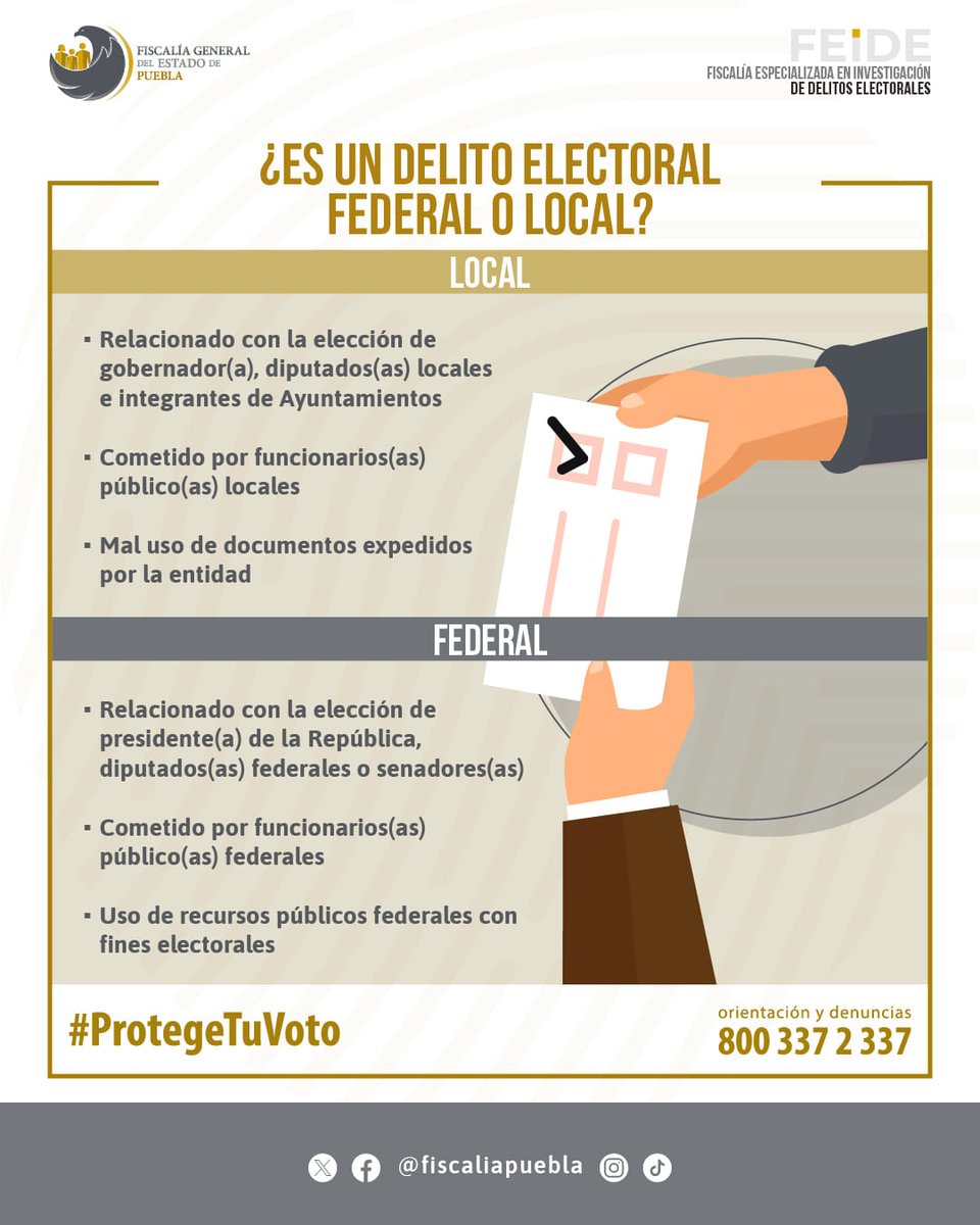 #ProtegeTuVoto 🗳️ e identifica los delitos electorales federales y locales. Recuerda que puedes denunciar ante la FEIDE llamando al ☎️ 800 337 2 337.