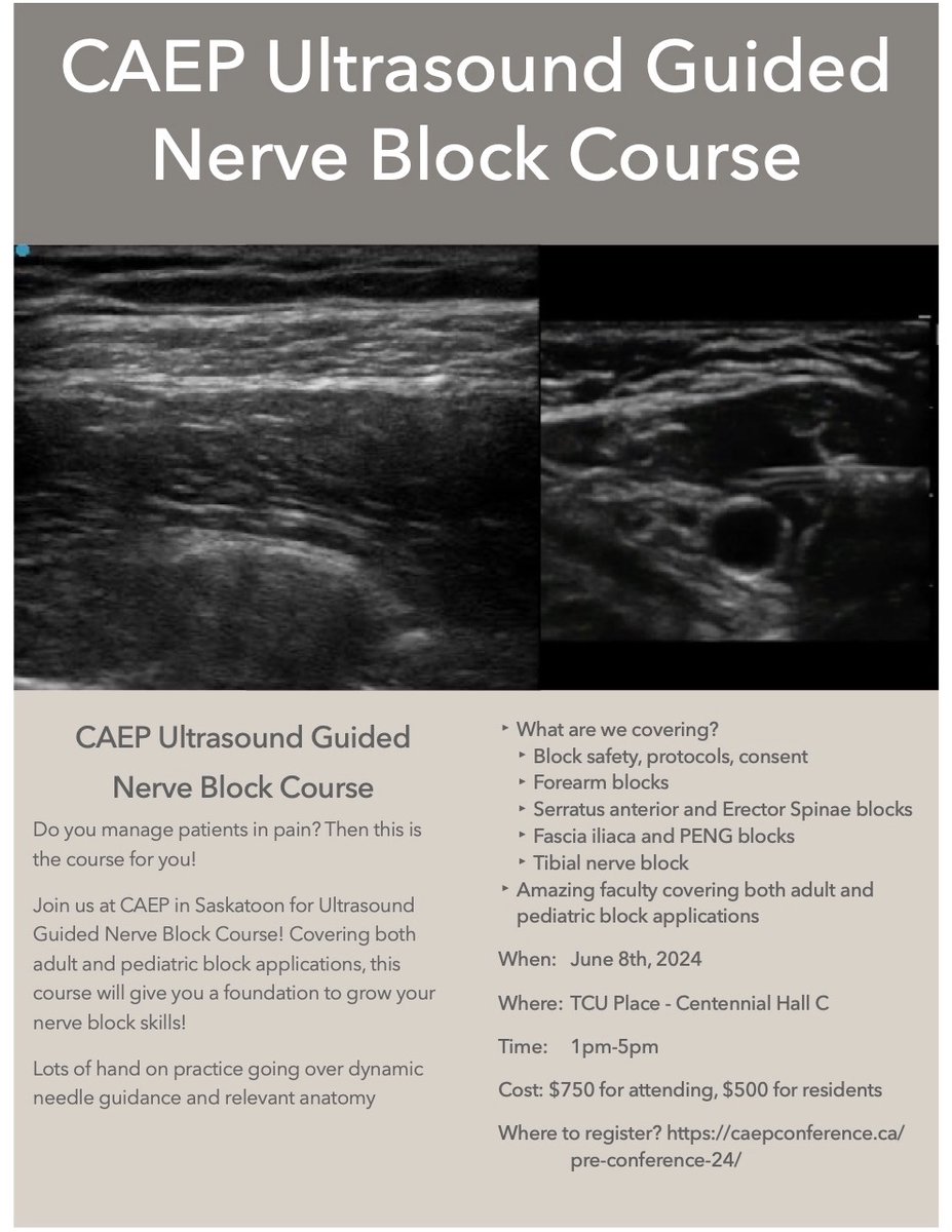 Going to @CAEPConference in Saskatoon? Join our fantastic faculty for the CAEP ultrasound-guided nerve block course. We will cover high yield blocks for EM practice! Register at rb.gy/jsvv0b now! Spaces are limited!! @CAEP_Docs @CAEP_EUC