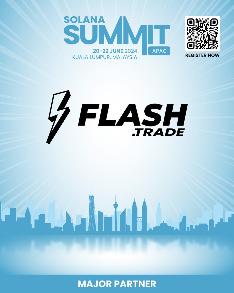 🌟 More Big News! 🌟 Thrilled to unveil @FlashTrade_ as a major partner for @Solana's Biggest Developer & Founders Summit 🚀 - By the ecosystem, for the ecosystem! @SolanaSummitOrg Join 500+ of Solana's top innovators in Kuala Lumpur, Malaysia 🇲🇾 on June 20-22!