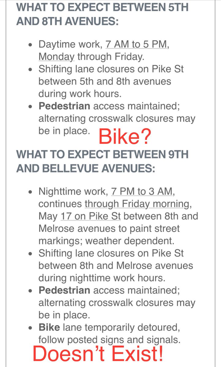 streetcrafting's tweet photo. @Seattledot @WaterfrontSEA @CMJoyHollings excited to get the Pike + Pine Project Update emails. However once again it’s sparse on Bike detour details and the stated detour at Pike &amp; 9th (should be 8th) doesn’t actually exist (and hasn’t for many  weeks). How do we solve this? https://t.co/cSxGbkaOex