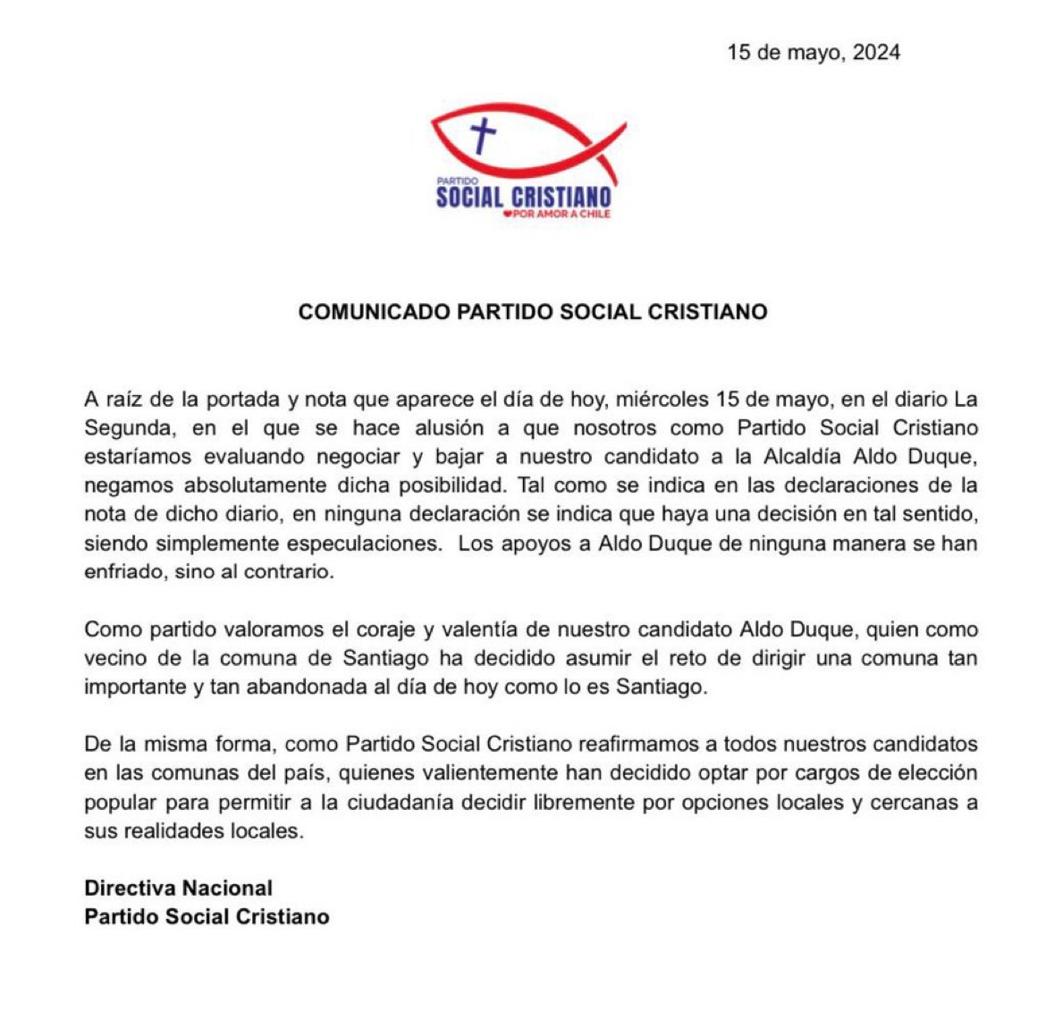 ATENCION ! #QueSeSepa PARTIDO SOCIAL CRISTIANO RESPONDE A ESPECULACIONES Y PRESIONES PARA QUE BAJE A SU CANDIDATO A LA ALCALDIA POR LA COMUNA DE SANTIAGO . NOS AYUDAS A DIFUNDIR ? #UnDuqueParaSantiago #AldoDuqueAlcalde @AldoDuqueSantos @psc_cristiano @chvnoticias @La_Segunda