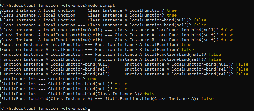 joshpowlison's tweet image. I made a small test of different #javascript function references to see if they are the same.

Most of the results are what I expected: "bind()" creates a new function wrapper, even if the same instance is bound.

Here's a repo: github.com/joshpowlison/t…

#webprogramming
