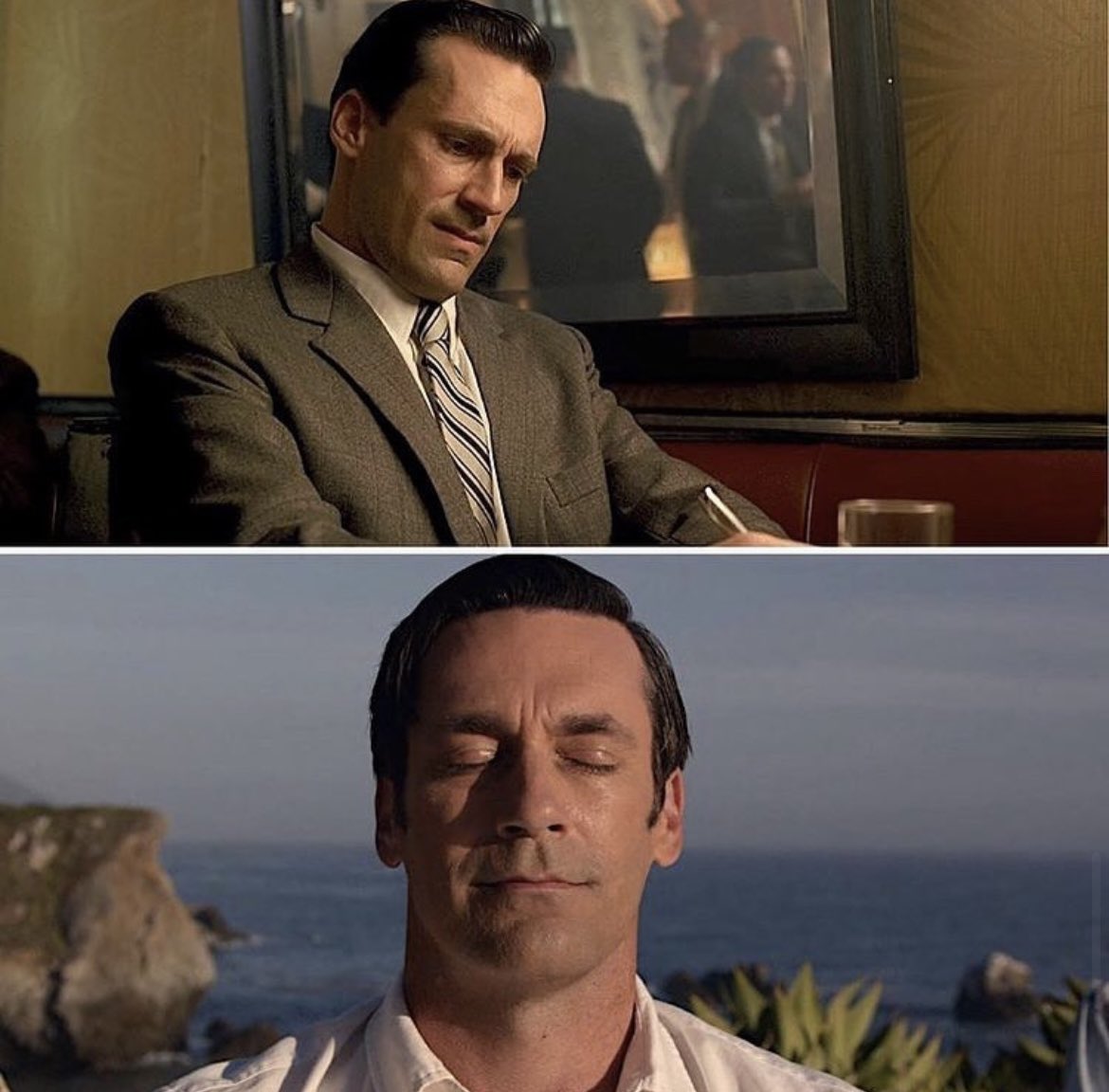 First and last time we see Don Draper in Mad Men, he’s thinking of ads.