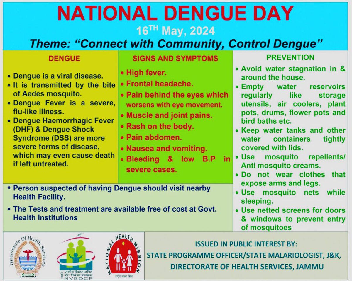 #NationalDengueDay 🦟 On National Dengue Day, let's unite to combat this mosquito-borne menace! Connecting with our communities is key to controlling Dengue. From prevention to treatment, let's work together for a Dengue-free future! @MoHFW_INDIA @HealthMedicalE1 @DDNewslive