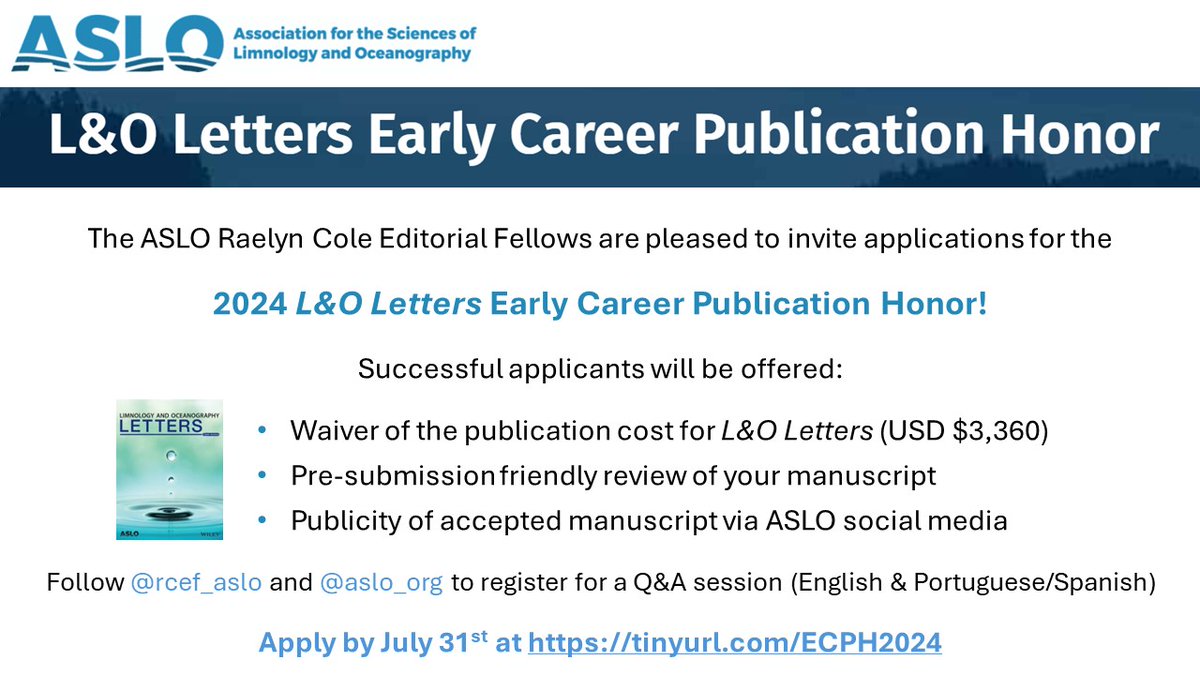 We are pleased to invite applications for the 2024 #ASLO_Letters Early Career Publication Honor!

Apply by 31 July at tinyurl.com/ECPH2024. Manuscripts can be submitted until June 2025!! Follow us and <a href="/aslo_org/">ASLO</a> to register for the Q&amp;A sessions in English and Portuguese/Spanish