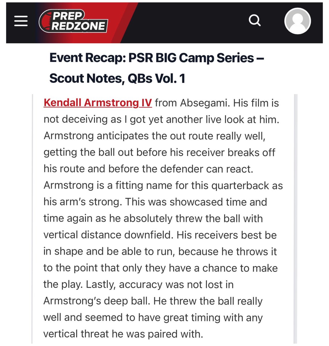 Thank you @BrendanScoutsNJ and @PrepRedzoneNJ for the kind words about my performance at the PSR Big Event and for recognizing me as one of the top QBs at the event. @ScoutNickP thank you for all you do to put on such a great event. Can’t wait for camp season. Time to work!!!