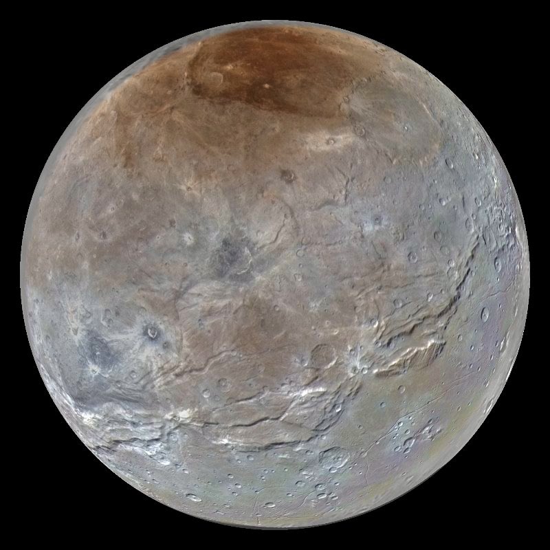 Charon is the largest moon of Pluto. At around half its size, Charon has a significant gravitational effect on its icy counterpart. The colorful north pole of Charon is composed of tholins, which are organic macromolecules that are potentially essential ingredients for life.
