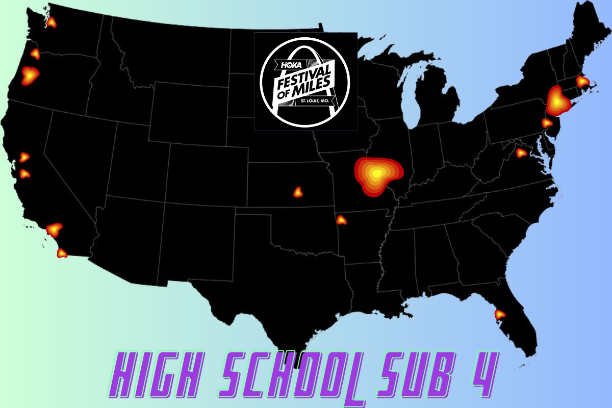 A little heat map fun … US high school sub-4 minute miles by location. Wonder what that big bright spot in Missouri is 🤔😉