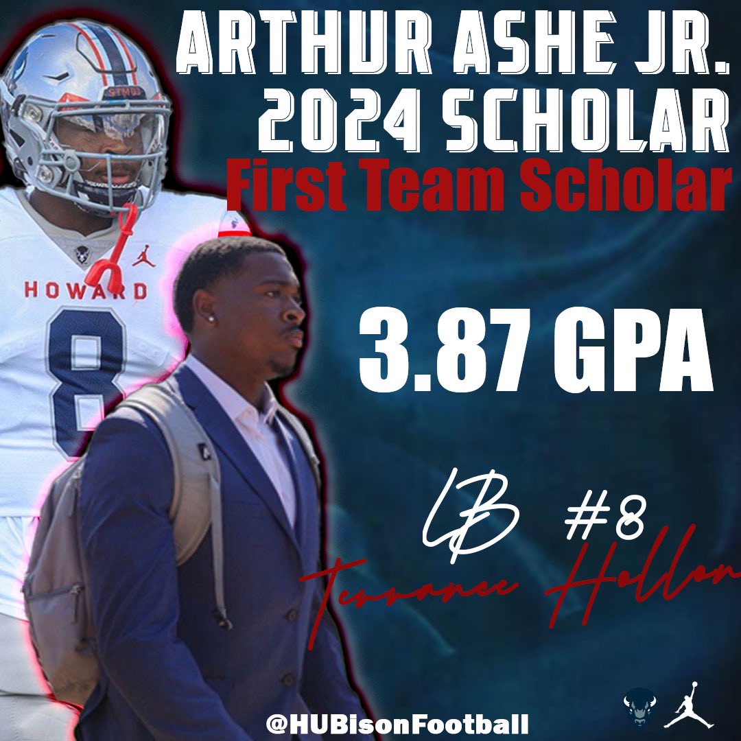 Congratulations to LB Terrance Hollon on making the Arthur Ashe Jr. First Team Sports Scholar! With a 3.87 GPA and stellar performance on the field, Terrance was featured in Diverse magazine. We’re so proud of you‼️💙 #STMDT #CompetitiveExcellence #HUBisonFootball #academicweapon