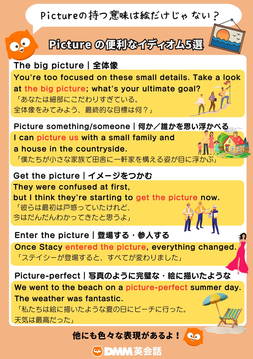 役立つ表現📝】 Pictureが表すのは「絵」や「写真」だけではないと知っていましたか？👀  どんなイメージも表現できる便利な単語なので、実はいろいろな慣用句に取り入れられています！ Picture を使った英語表現、あなたはいくつ知っているでしょうか？  #英会話 https://t ...