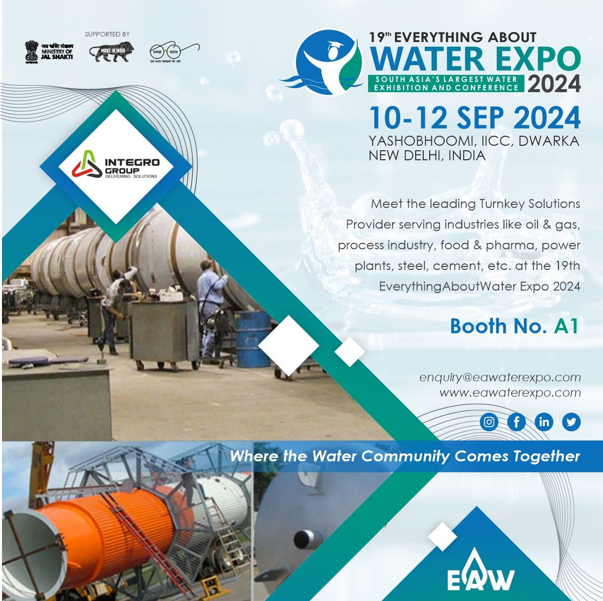 Meet Integro Engineers at the 19th EA Water Expo 2024 from Sept 10th to 12th at Yashobhoomi, IICC, New Delhi and explore turnkey solutions for various industries at booth no. A1!

Register now at buff.ly/4aiGPZp

#WaterExpo2024 #TurnkeySolutions #IntegroEngineers