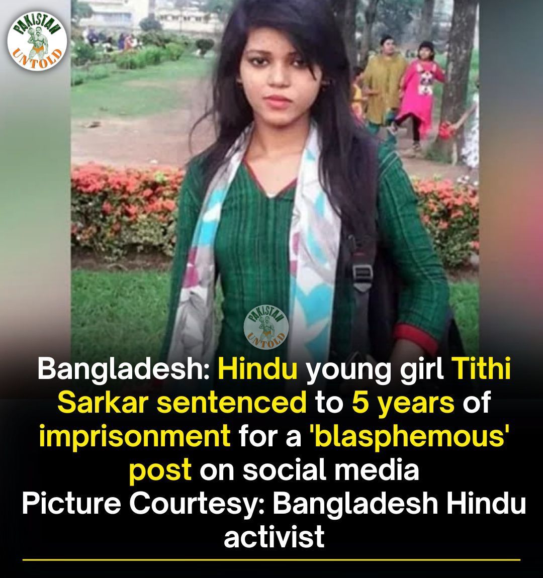 Bangladeshi Hindu girl imprisoned for 5 years under blasphemy charges in the Islamic Republic of Bangladesh. 

According to one report, blasphemy laws are used to target minorities in Islamic countries, & most of the cases lack merit.