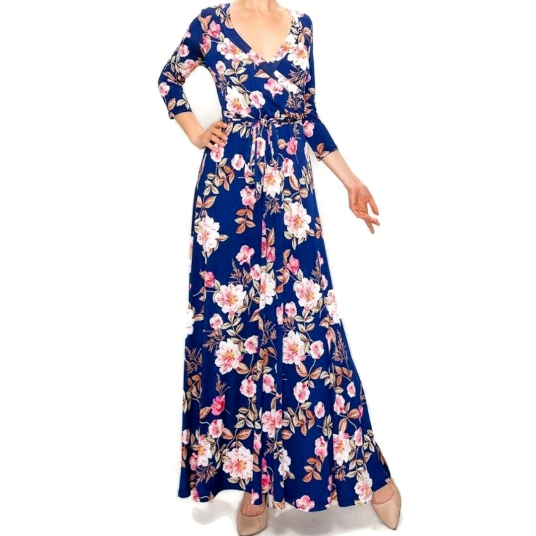 Navy Blue Pink Floral Faux Wrap Maxi Dress tuppu.net/b22f001c #plussizefashion #smallbusiness #jumpsuits #bridesmaid #maxidress #womenfashion #wedding #janettefashion #VenechiaDresses