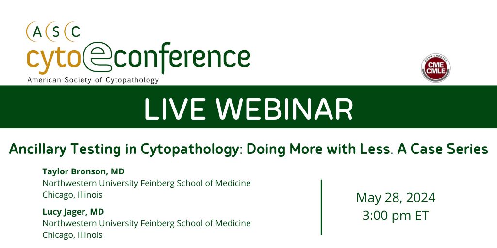 Register now for the May 2024 Cyto-econference.
Live Cyto-econference webinars connect you to the presentation in real time, including a question and answer session, interactive polling, and access to online reference materials and tools. 
buff.ly/2Gb38Fd 
#cyto #cytopath