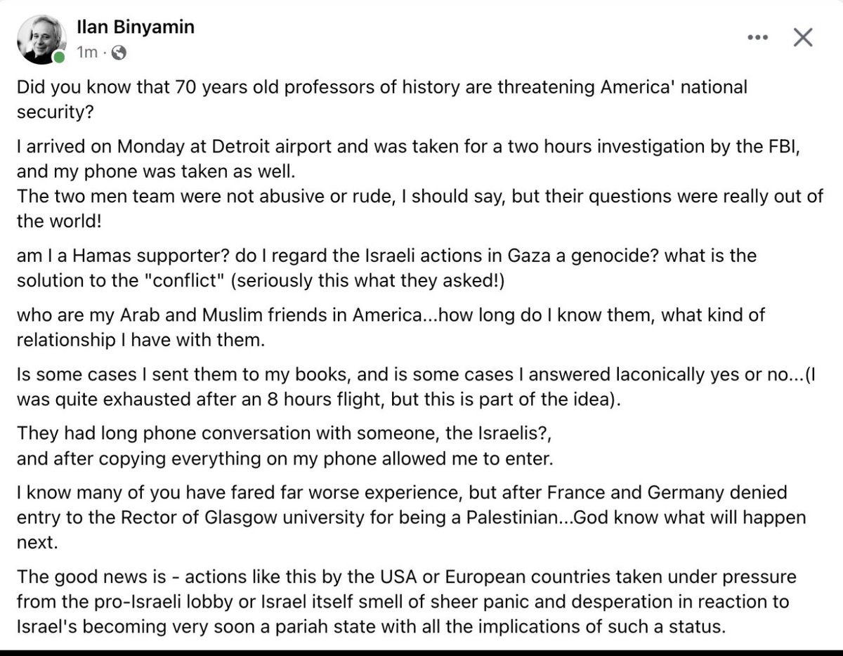 ILAN PAPPE WAS INTEROGATED BY FBI WHEN HE LANDED IN DETROIT ON MONDAY