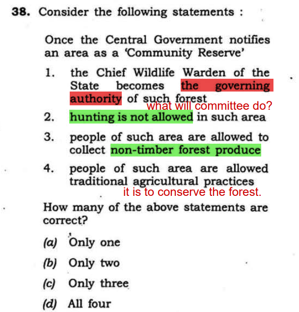 UPSC PRELIMS 2023 environment question. 

Many coachings got this simple Q wrong. You can get the answer from the definition of 'community reserve' and some logical reasoning.

What is your answer? #upscprelims2024