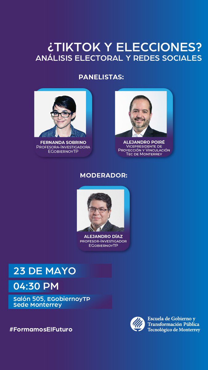 No te pierdas nuestro próximo evento sobre TikTok y elecciones con Fernanda Sobrino, Alejandro Poiré y Alejandro Díaz el 23 de mayo a las 4:30 PM.

Regístrate aquí contenido.egobiernoytp.tec.mx/lp-redes-socia…

#FormamosElFuturo