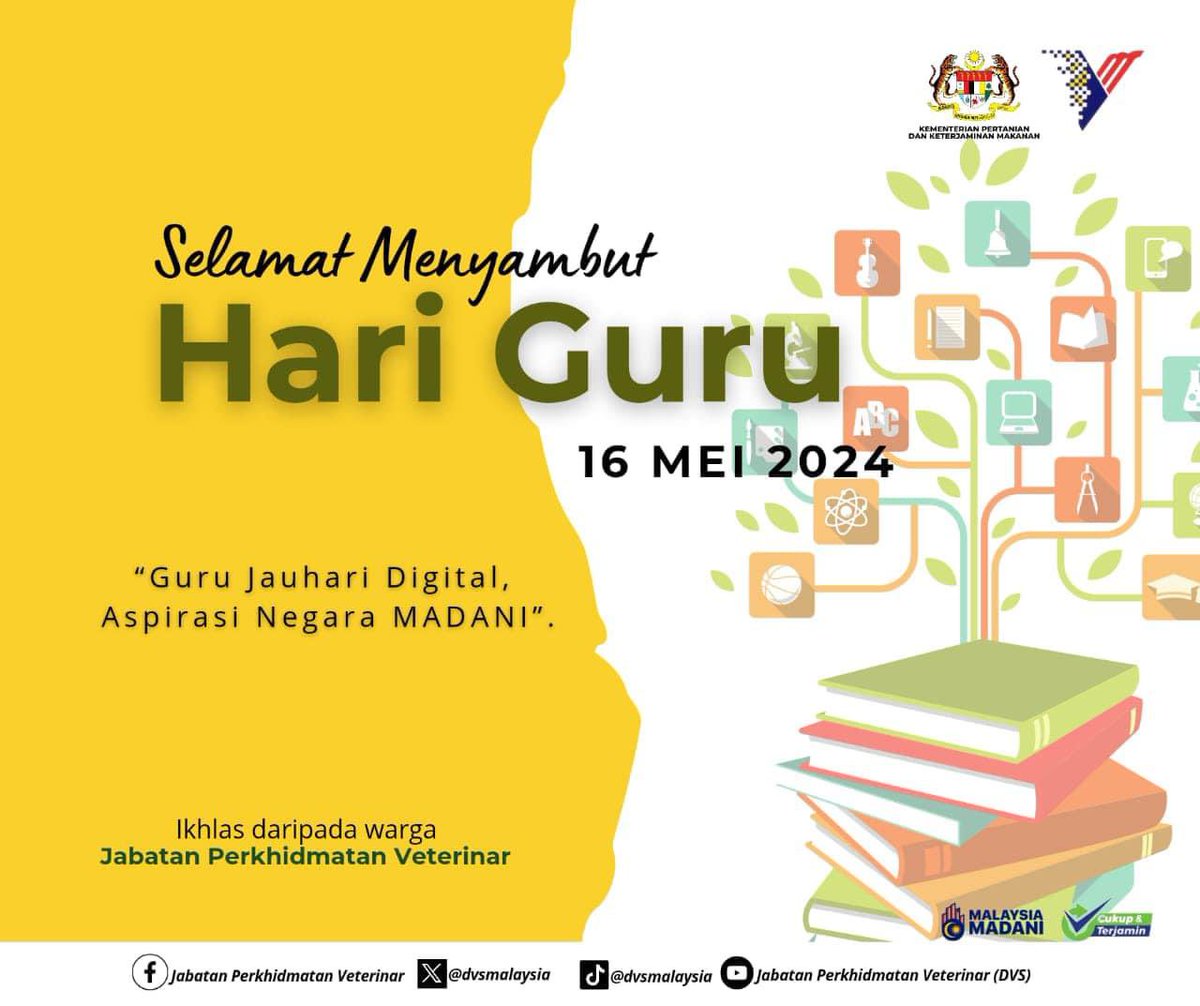 Guru,
Dalam ajarannya ada harapan,
Dalam tegurannya ada doa,
Dalam marahnya ada sayang,
Dalam diamnya ada kebijaksanaan,
Dalam tangannya ada sahsiah terbina.

Selamat Hari Guru kepada semua warga pendidik.

#cukupdanterjamin #MalaysiaMadani #dvsmalaysia