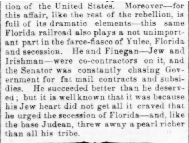 This Northern paper did not like Confederates or Jews.  Unfortunately, David Levy Yulee was both! They had special treatment for him and his 'Jew heart'.

#USHistory #Antisemitism 
Pittsburgh Post-Gazette, Mar 18, 1862