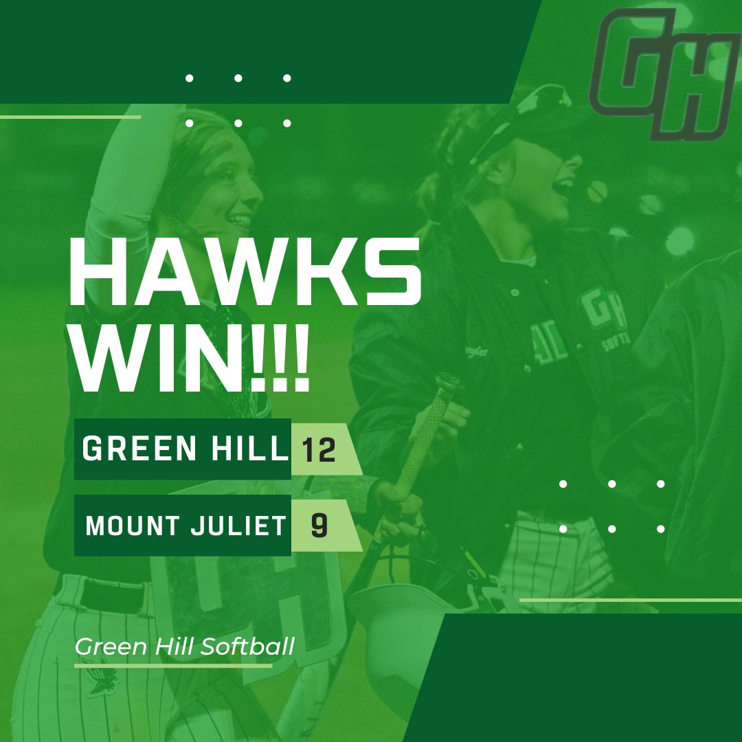 Green Hill Softball (@greenhillhighsb) on Twitter photo THE HAWKS WIN!!! They beat Mt. Juliet after being down 7 runs after the 2nd inning! #Team4 #BetterTogether #PeriodPoo <a href="/G_HillAthletics/">Green Hill High School Athletics</a> THE HAWKS WIN!!! They beat Mt. Juliet after being down 7 runs after the 2nd inning! #Team4 #BetterTogether #PeriodPoo <a href="/G_HillAthletics/">Green Hill High School Athletics</a>