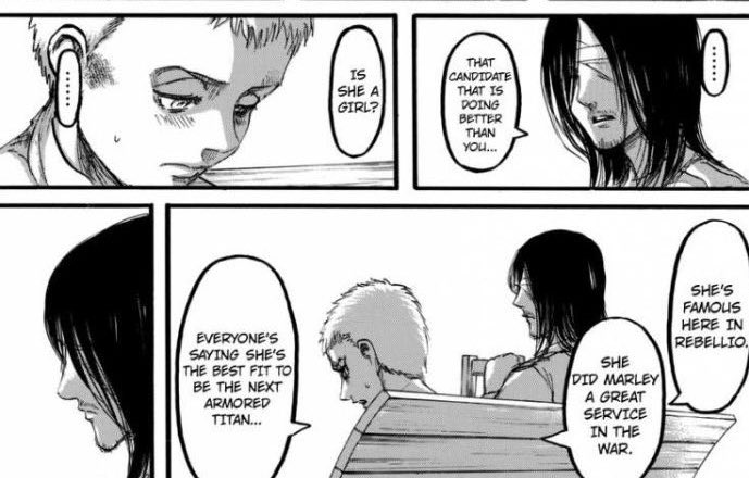 I want to talk about something. Notice when Mikasa is always involved Eren suddenly gets quiet and puts his head down. She was his weakness and the only woman he was ever in love with