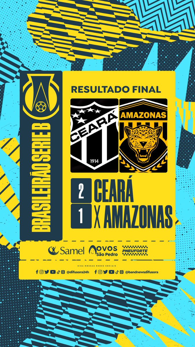 🏟️ FIM DE JOGO!!!!!

🐆 Hoje não deu pra onça.

⚽ Ceará 2x1 Amazonas FC.

Agradecemos a todos que acompanharam a partida conosco!

🔗 Futebol é na Rede Difusora de Rádios!

Com o apoio de Samel, Ovos São Pedro e Pneuforte.

#Esporte #Futebol #Difusora #BandNewsDifusora