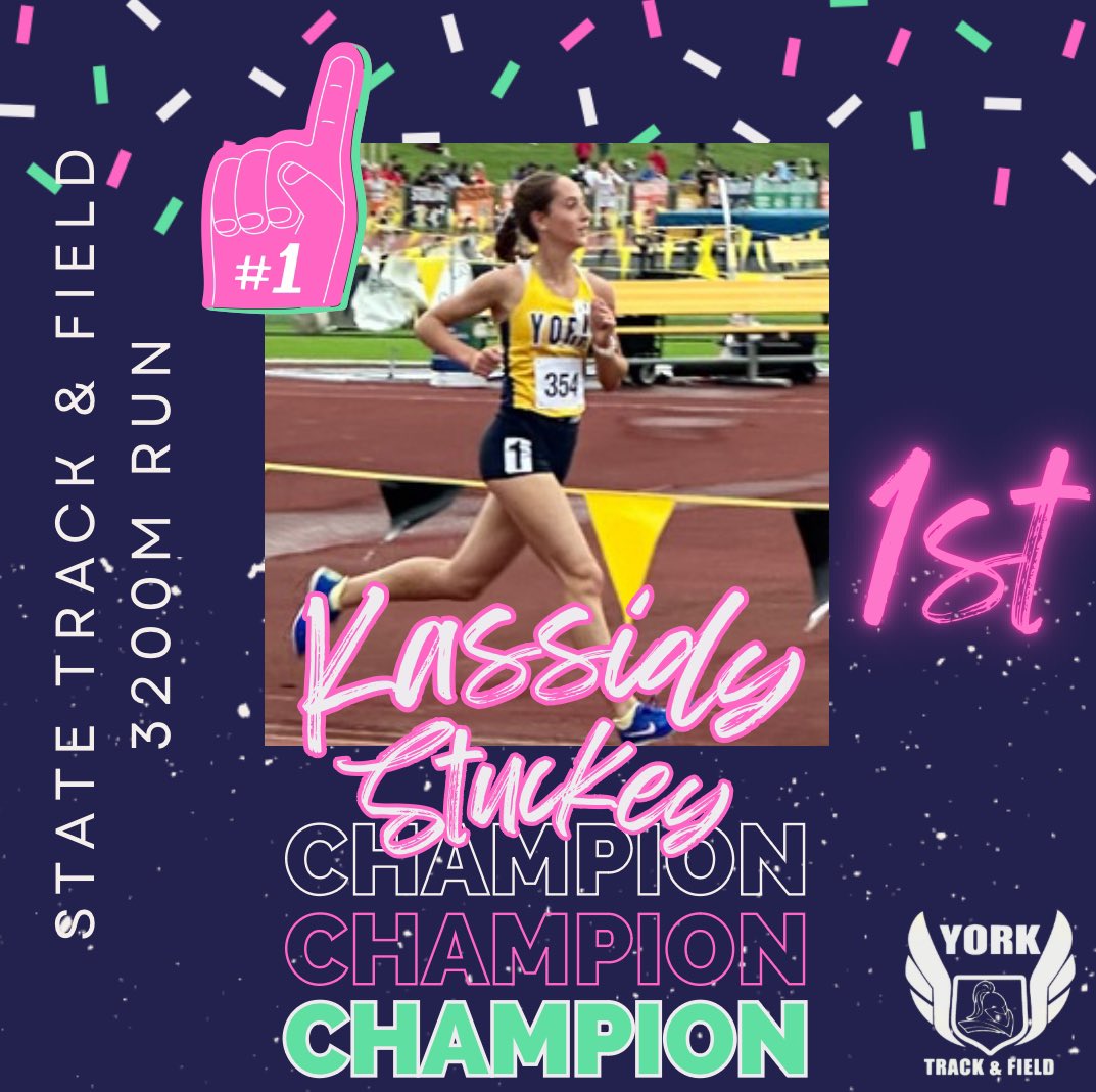 KASSIDY STUCKEY IS A STATE CHAMPION IN THE 3200m RUN!! 

Stuckey not only won 🥇 in the 3200m Run, she also broke a school record, set by Nora Shepherd in 1993, with a time of 10:40.94! #yorkdukes