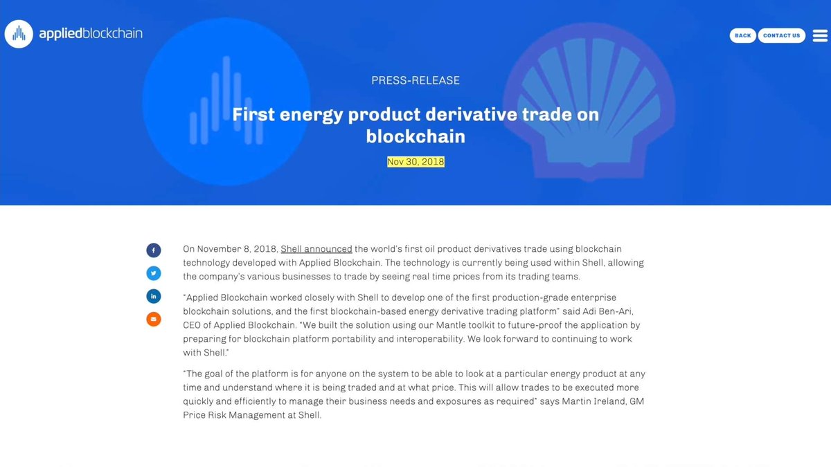 3)

2018 - 2019

In 2018, SHELL invested in Applied Blockchain. Today, their website states: 'Applied Blockchain, a leading developer of distributed ledger technology and smart contracts, has become an affiliate of the Energy Web Foundation.' #Polkadot $EWT