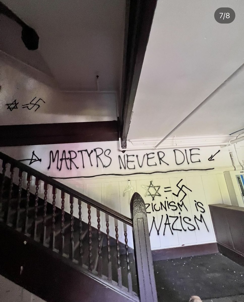 We are deeply disturbed that anti-Israel activists have taken over Anna Head Alumnae Hall at @UCBerkeley, vandalizing the interior with antisemitic graffiti. The Star of David, the most recognizable symbol in Judaism, is seen equated with a swastika. This is not protest, this