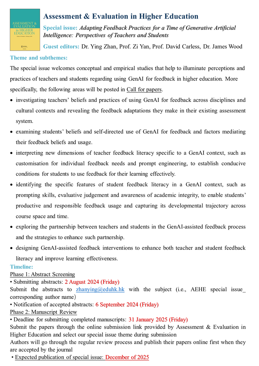 Call for papers: Adapting Feedback Practices for a Time of Generative Artificial Intelligence: Perspectives of Teachers and Students (Special issue in AEHE). Please contact zhanying@eduhk.hk for more details. @ZiYan55010264 @CarlessDavid @Dr_JamesWood