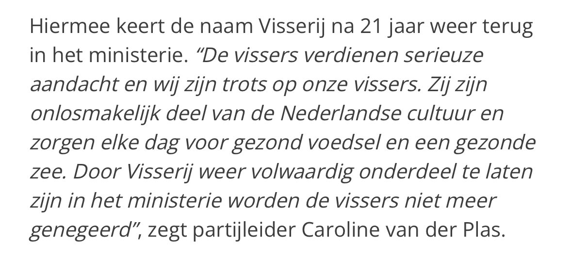 Na 21 jaar keert Visserij weer terug in de naam van het ministerie. Dat gaat heten: ministerie van Landbouw, Visserij, Voedselzekerheid en Natuur (LVVN). Een hele generatie groeide op zonder visserij in de naam van het ministerie. Daar brengen we verandering in. #HeldenVanDeZee