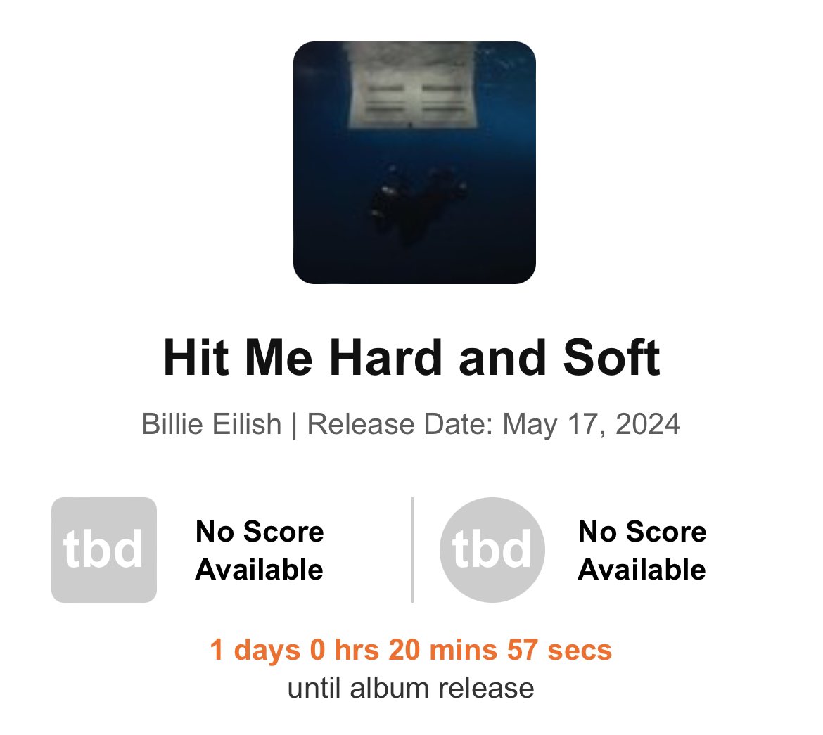 Página do “HIT ME HARD AND SOFT” está disponível no Metacritic, pronta para receber, muito em breve, reviews e pareceres dos críticos sobre o novo álbum de Billie Eilish.🔖
