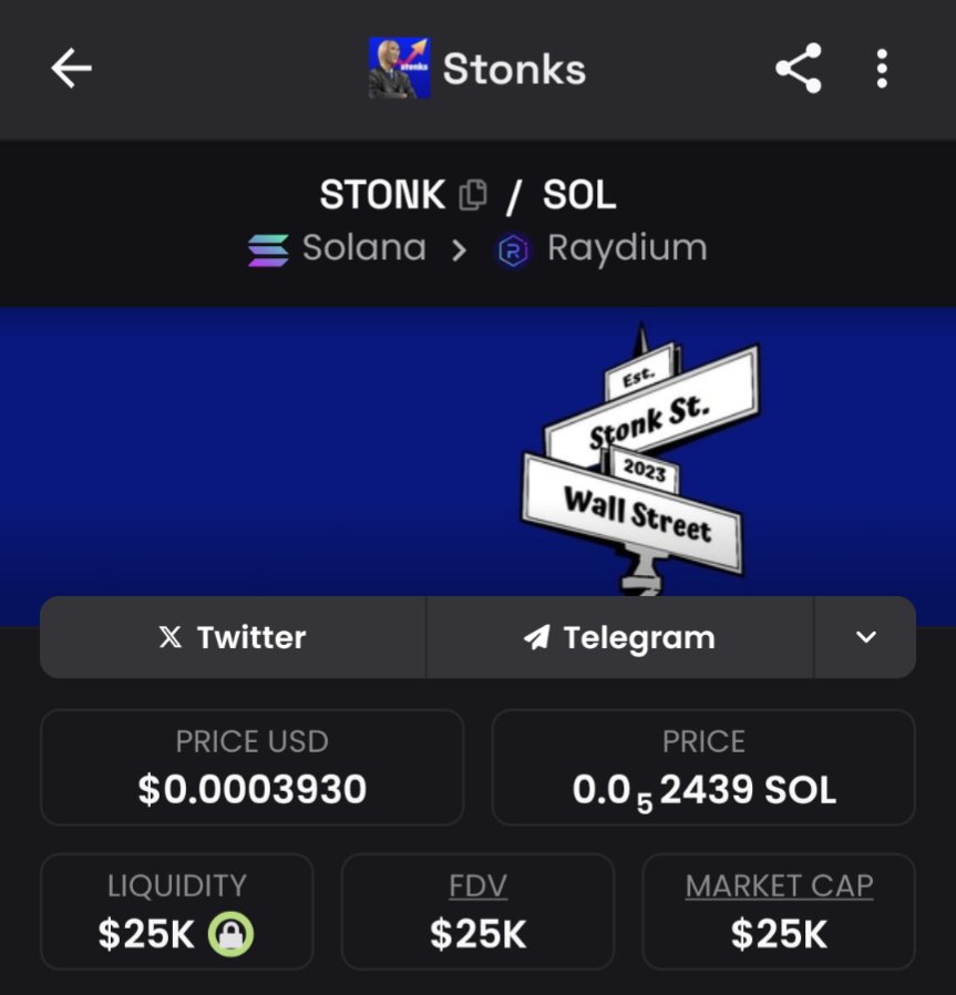 The oldest $STONK ticker (created 12 months ago) just got a revival.

And liquidity is actually flushed 👍 

25k liquidity vs 25k FDV.  The foundation is set for a good run.

@OGStonksOnSol
