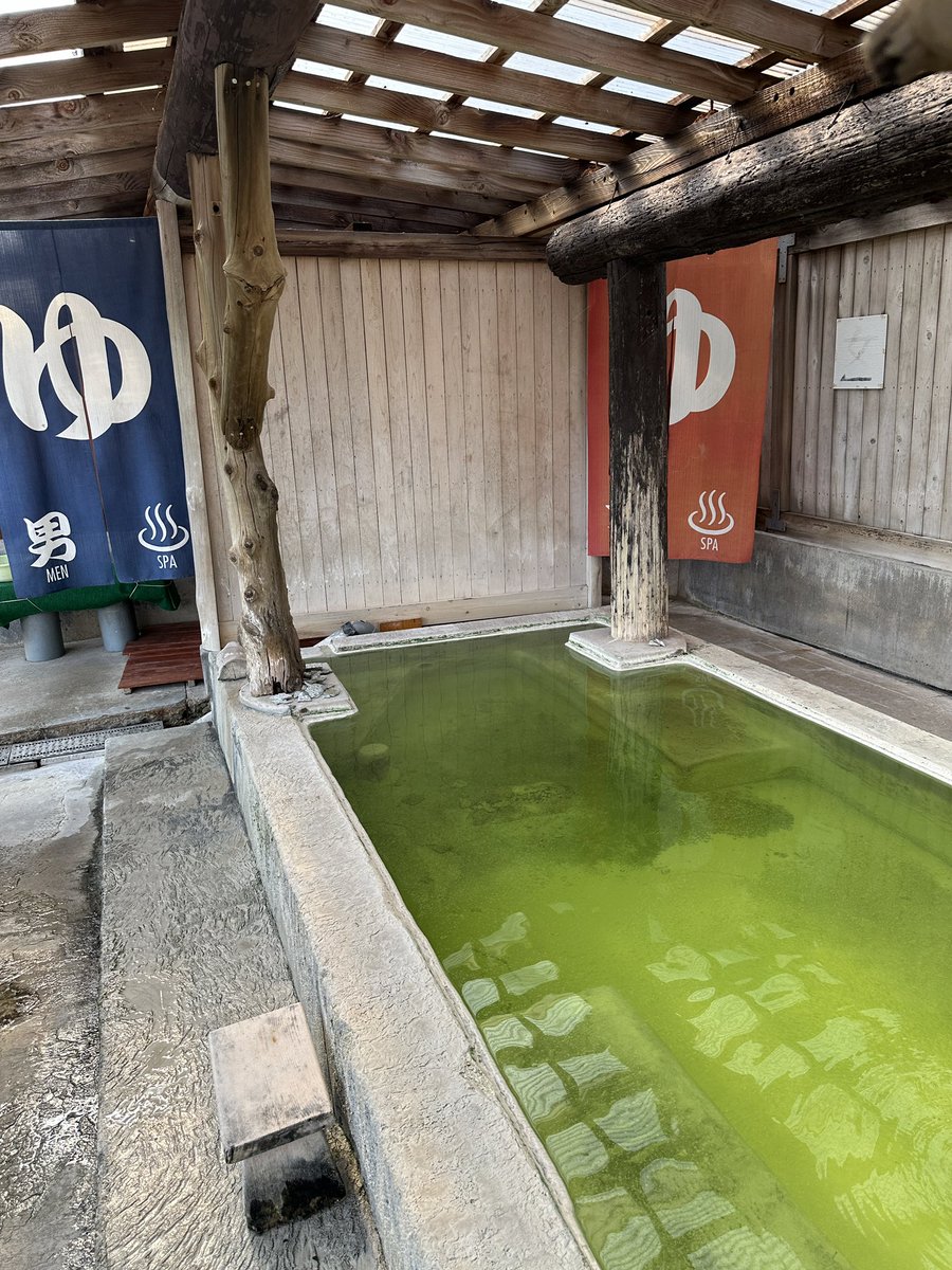 日本海を目指そうと思ったがやはり温泉が気になって北上して7湯目は国見温泉　森山荘さん　さっそく露天風呂を目指したら凄く恥ずかしい場所にあったからどうしようかと思ったらペット用だった。
人間用の風呂も本当にエメラルドグリーンの素晴らしいお湯だった！バスクリンじゃないよー♨️