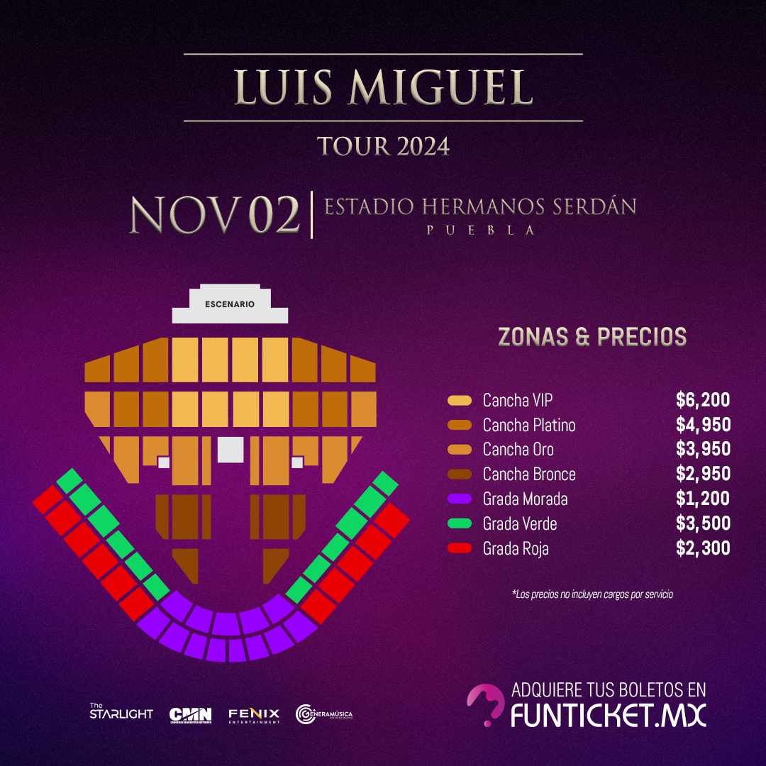 Todo listo para el concierto de Luis Miguel en #Puebla el próximo 2 de noviembre. Recuerda que la venta de boletos es a través de funticket.mx aquí la lista de precios según la zona.