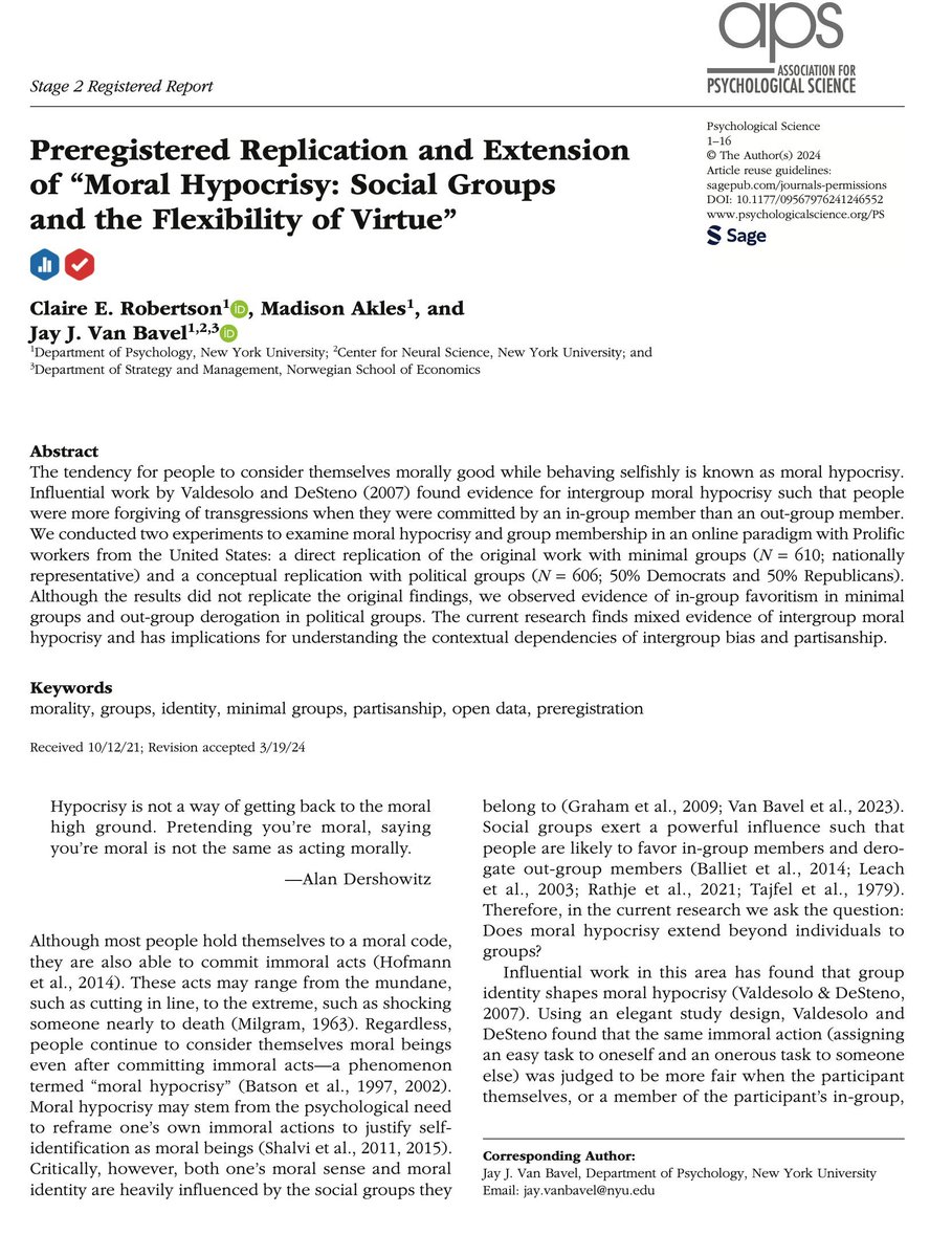 Preregistered Replication and Extension of “Moral Hypocrisy: Social Groups and the Flexibility of Virtue” journals.sagepub.com/eprint/DZD88EU… via @jayvanbavel et al