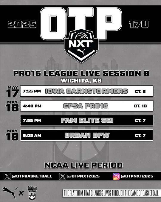 Here is my schedule for this upcoming weekend with my @OTPNXT2025 team in Wichita, Kansas! It’s time to work!!! @OtpBasketball @JaySlone15 @KTMobley @PRO16League @CoachPCong @MattReynolds___ @shanku_nair @corbannba @TreySterner5345 @PRO16League