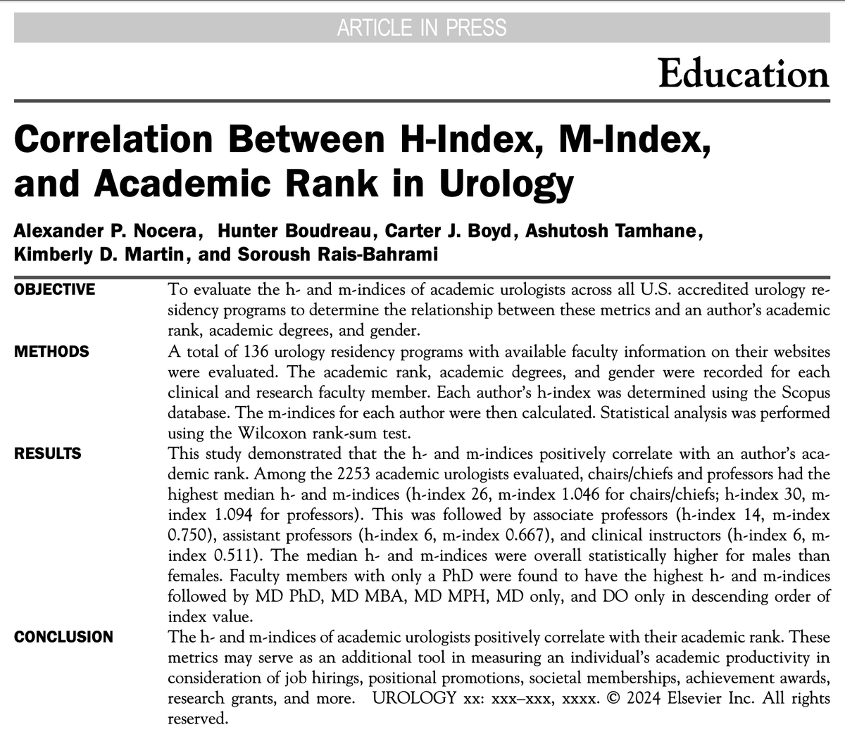 Congrats to @UABUroResidents @ANocera26, @UABHeersink alumni @CarterJBoyd @hboudreau10, @uabsoph @KDMartinPhD, & @cctsnetwork #AshutoshTamhane for new @urogoldjournal article reporting on h-index and m-index in academic urology Access article at 👇 goldjournal.net/article/S0090-…