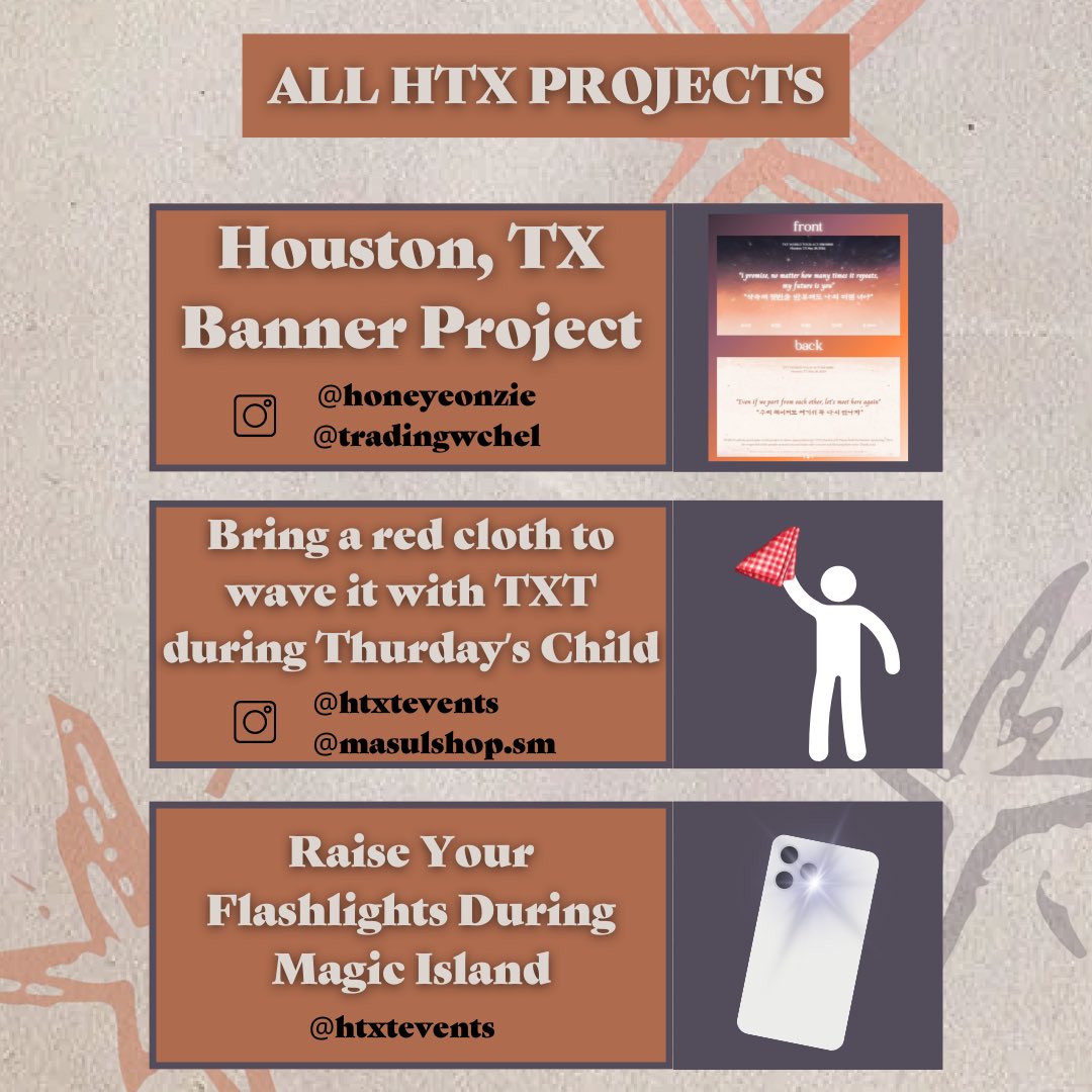 MOA PLEASE SHARE THIS EVERYWHERE YOU CAN!

ACT PROMISE IN HOUSTON MOA PROJECTS 🧵🧡

1. Banner Project by @/tradingwchel @/honeyeonzie 
Limited amount of banners will be given at the venue. Raise the banner during Miracle ✨

2. Red Cloth Event by @htxtevents <a href="/masulshop_sm/">masulshop.sm</a> 
Bring