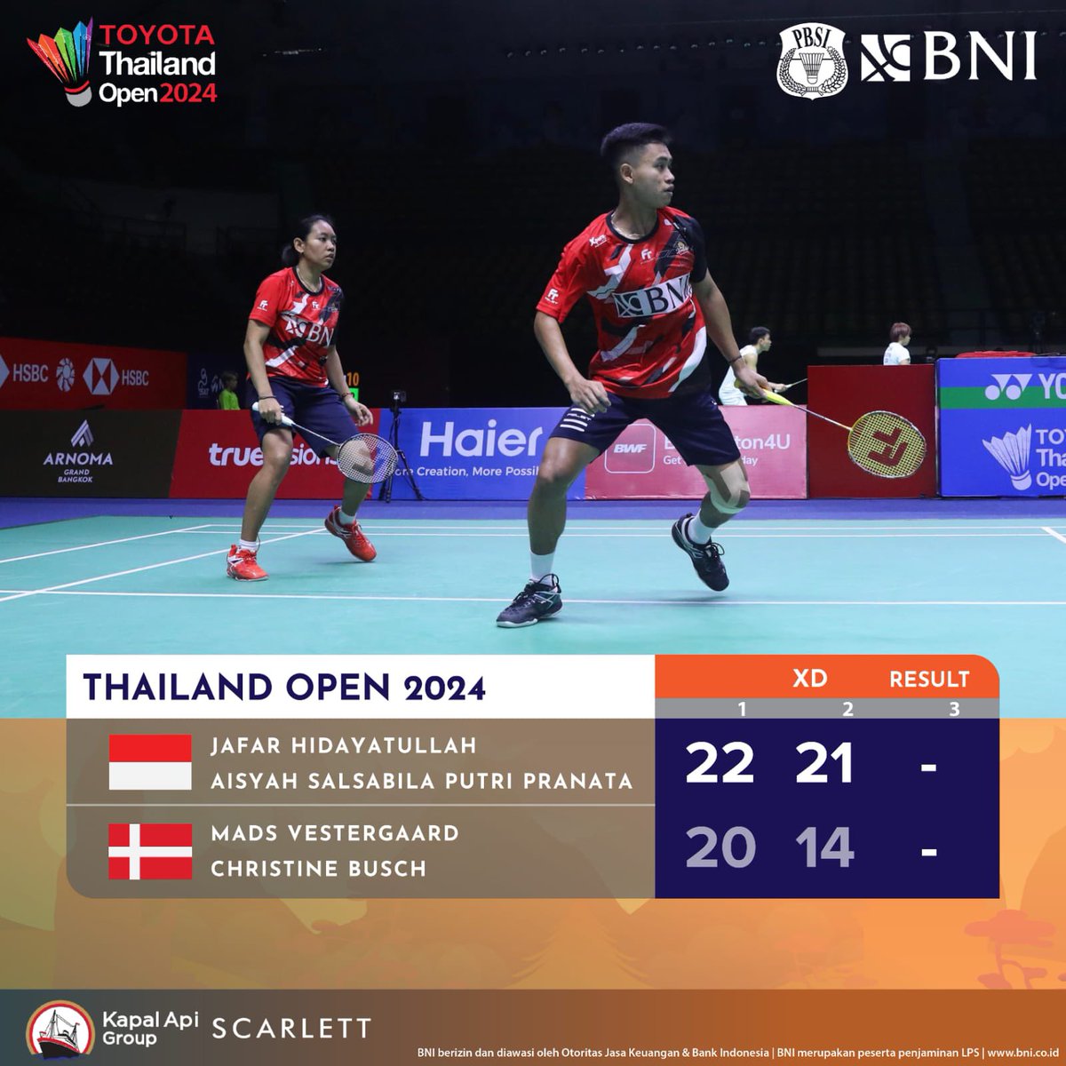 Jafar/Aisyah melesat ke babak delapan besar usai menaklukan wakil asal Denmark Mads/Christine dua gim langsung. 

Good job Jafar/Aisyah! Jaga semangat! 💯🔥🇮🇩

#ThailandOpen2024
#KitaIndonesia
#BadmintonIndonesia #MenjagaMerahPutih  #BNIGlobalReachIndonesianPride