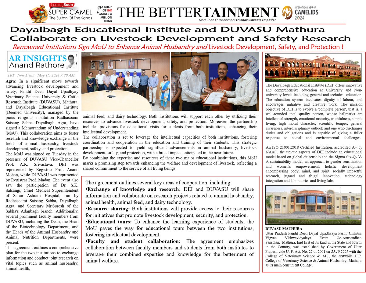 Bettertainment9's tweet image. Dayalbagh Educational Institute with DUVASU Mathura has signed an MoU,aiming to advance research in livestock health, safety,&amp;amp; production. This collaboration is set to bring significant benefits to veterinary science and animal husbandry. @duvasumathura @DeiDayalbagh