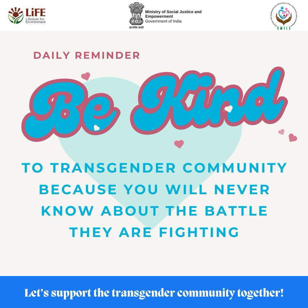 In the world, where you can be anyone, be kind. Let us all support and empower Transgender Persons.
#equalrightsforall #Equality #TransRightsAreHumanRights #inclusion @Drvirendrakum13 @MSJEGOI @mygovindia @_saurabhgarg @NMBA_MSJE