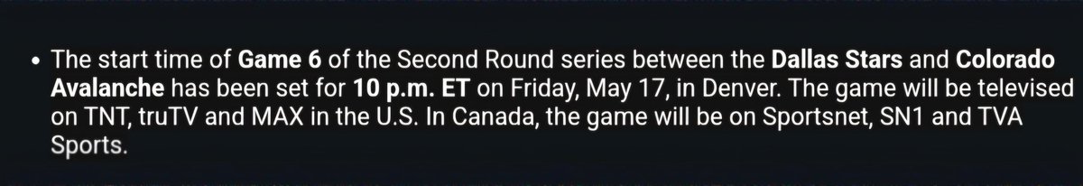 The Avs and Stars will start at 8pm MT on Friday night for game 6 #Avs #GoAvsGo    @TheRinkColorado