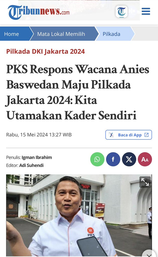 Kita tentu menghargai kalau mas @aniesbaswedan sudah buat keputusan untuk maju kembali di Pilgub Jakarta mendatang. Mungkin akan ada pertemuan dengan @PKSejahtera nantinya. Tp di PKS belum ada keputusan, sampai ada keputusan resmi, kami tentu mengutamakan kader sendiri. Masih