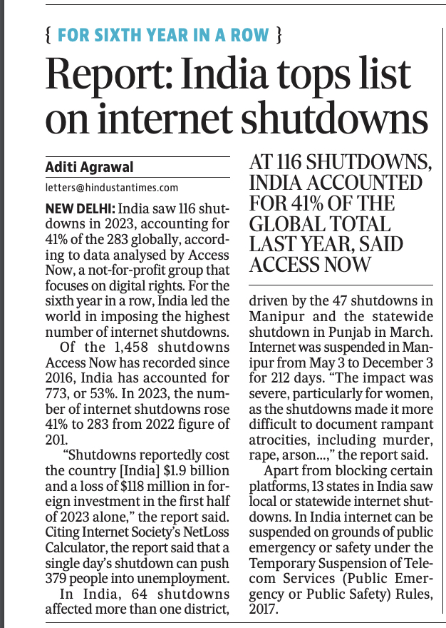 And for the SIXTH YEAR in a row, India's tops the list of countries with the highest number of internet shutdowns in the world. India ALONE accounted for 41% of internet shutdowns GLOBALLY. This means 2 things: 1. Law & order under Modi is the WORST we've had in years where