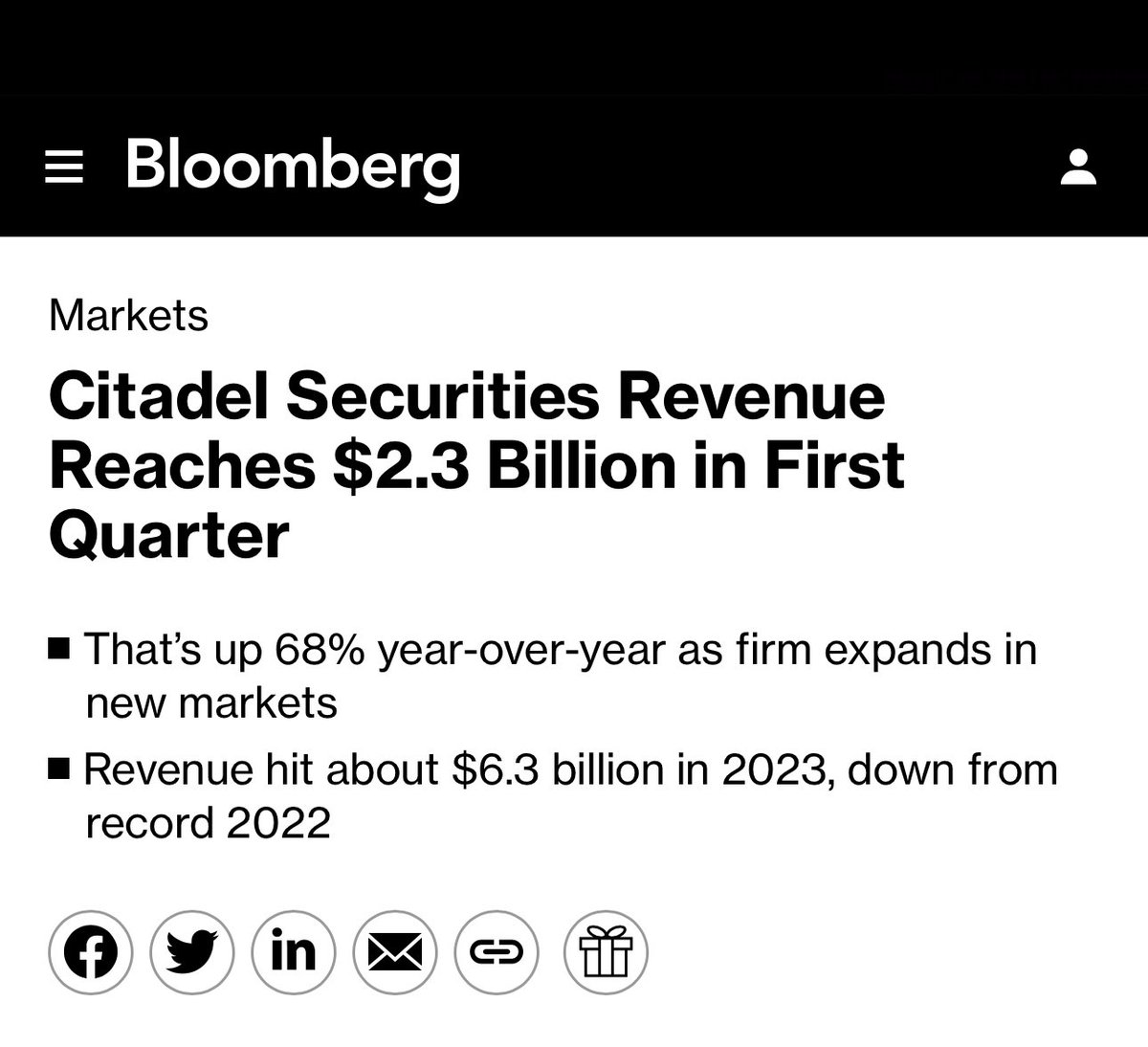Citadel on track for record setting year 'Citadel Securities generated $2.3 billion of net trading revenue in the first three months of 2024, setting the market-making firm up for a potentially record year as it expands in new assets classes and geographies. The trading haul is