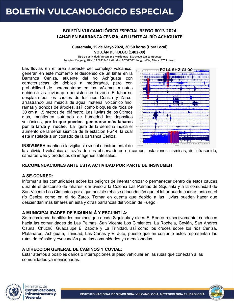 BOLETÍN VULCANOLÓGICO ESPECIAL BEFGO #013-2024 
LAHAR EN BARRANCA CENIZA, AFLUENTE AL RÍO ACHIGUATE
Guatemala, 15 de Mayo 2024, 20:50 horas (Hora Local) 
VOLCÁN DE FUEGO (1402-09)

#SomosINSIVUMEH #GuatemalaSaleAdelante #MICIVI